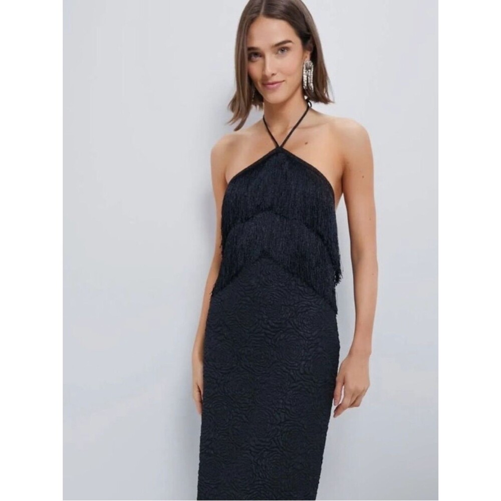 Hyacinth House Black Fringe Halter Neck Natalia Midi Dress  XXS NWOT